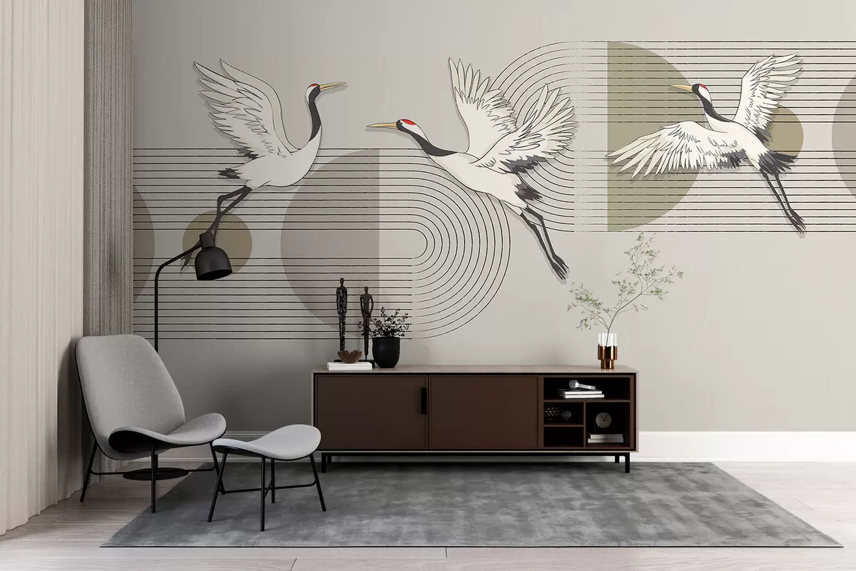Papier peint Trois grues blanches en vol sur un fond géométrique minimaliste avec des cercles concentriques w08188