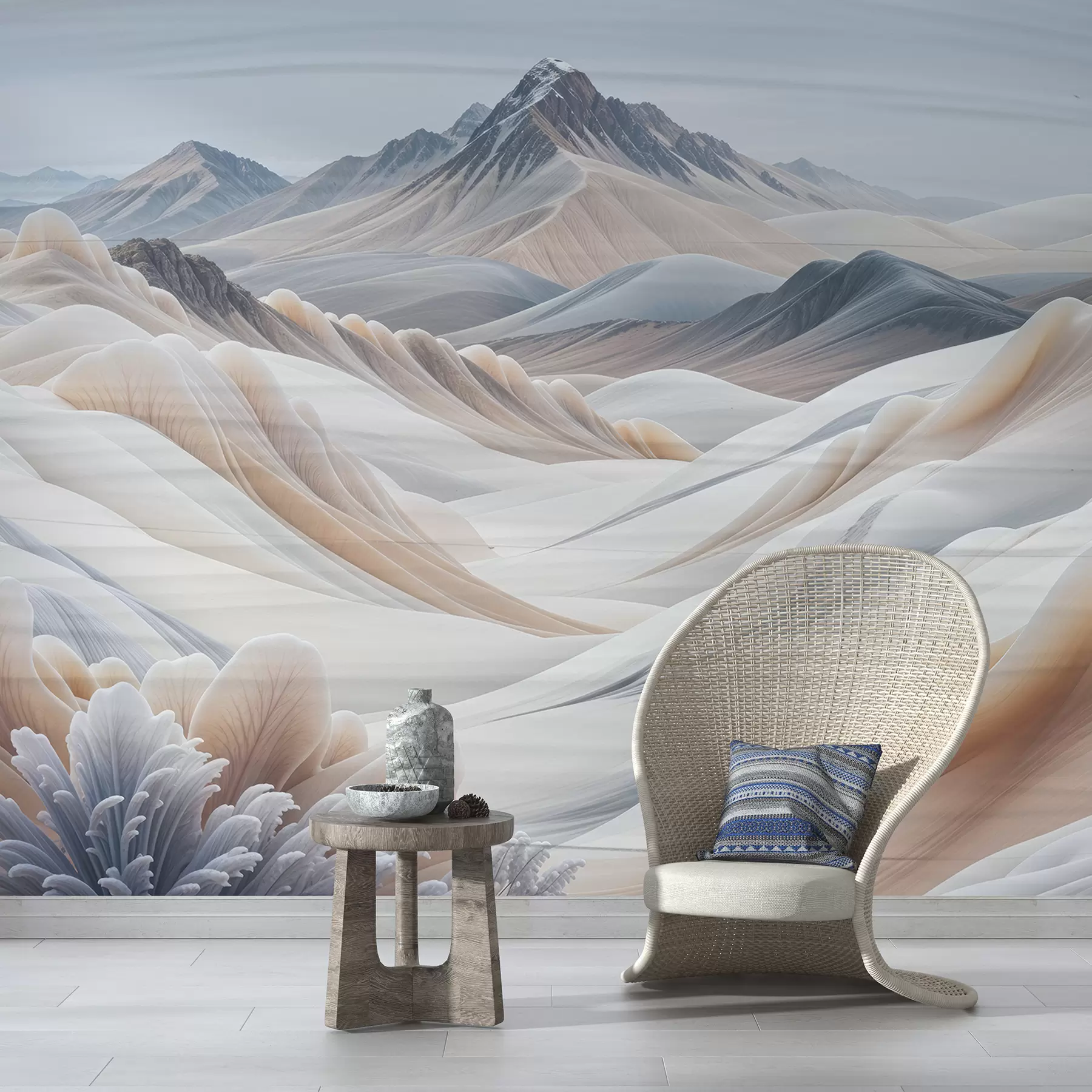 Papier peint Imprimé paysage montagneux avec des sommets enneigés dans des tons beiges esthétique minimaliste  w08191