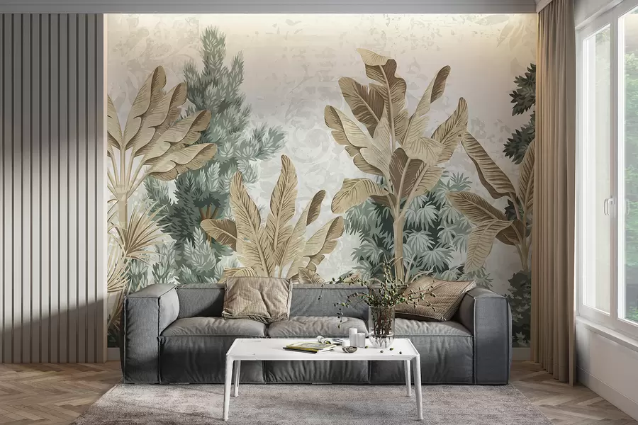Papier peint Un imprimé de feuillage tropical luxuriant avec des feuilles vertes et brunes, des palmiers et d'autres plantes exotiques w08200