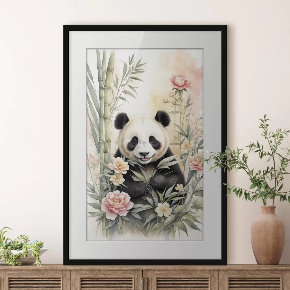 Poster Panda avec des fleurs et du bambou f40125