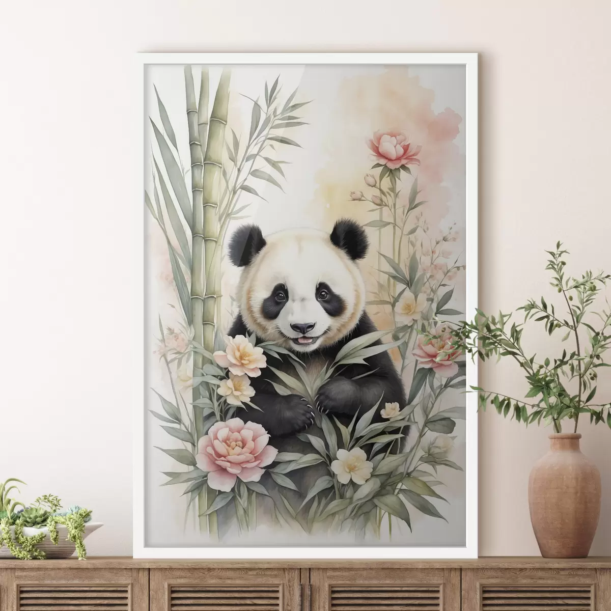 Poster Panda avec des fleurs et du bambou f40125