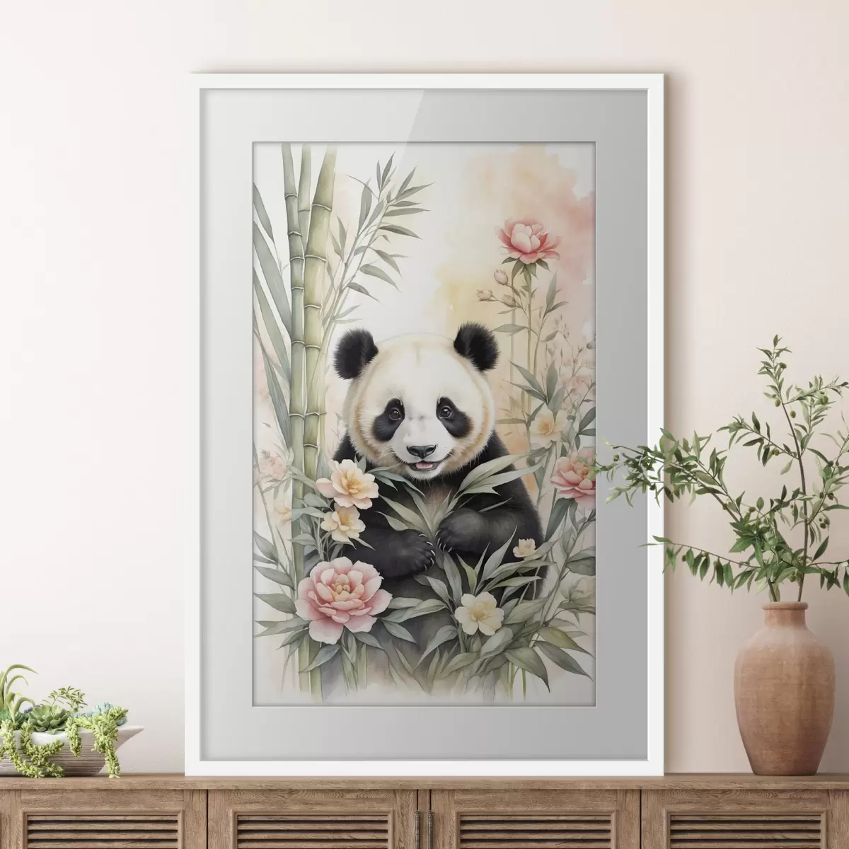 Poster Panda avec des fleurs et du bambou f40125
