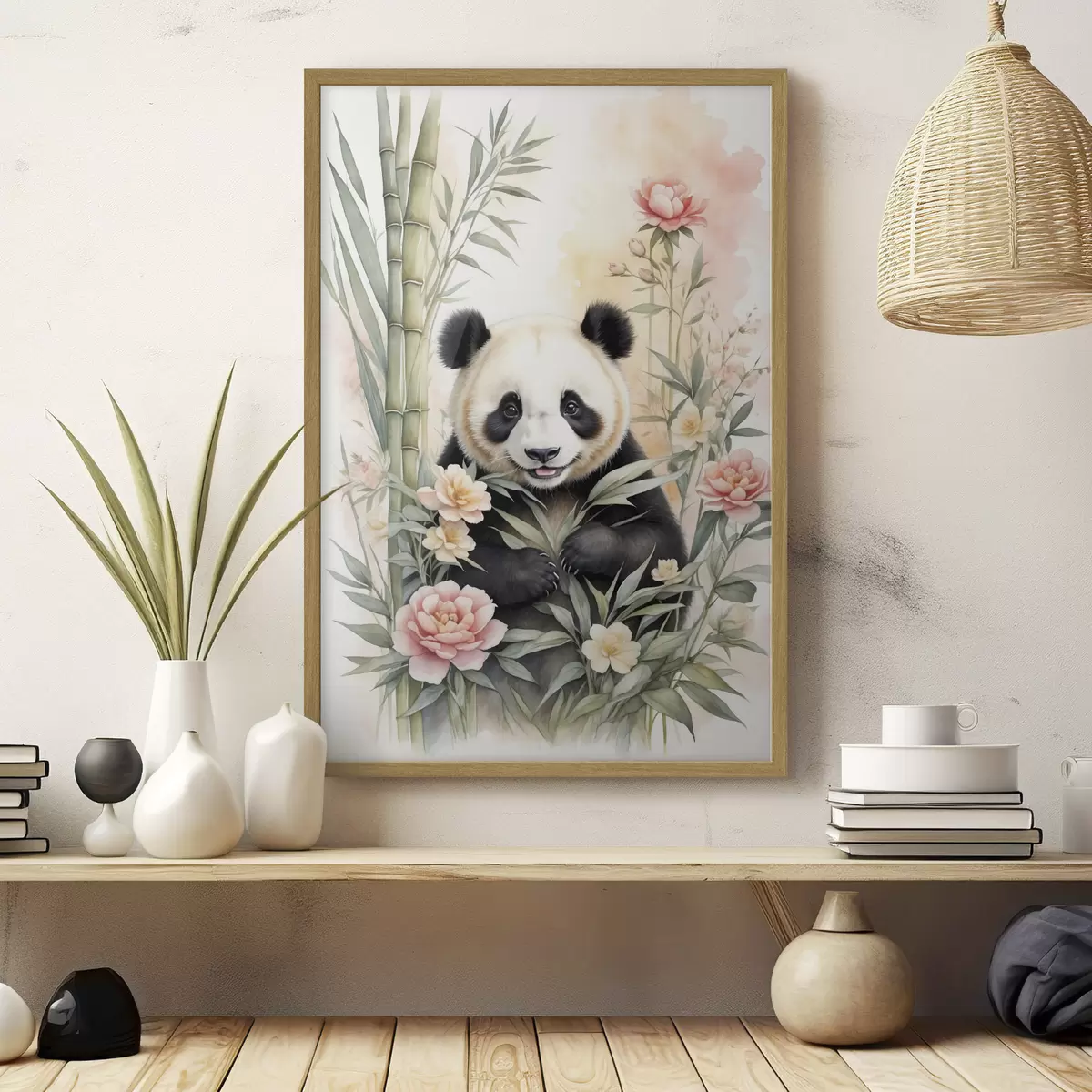 Poster Panda avec des fleurs et du bambou f40125