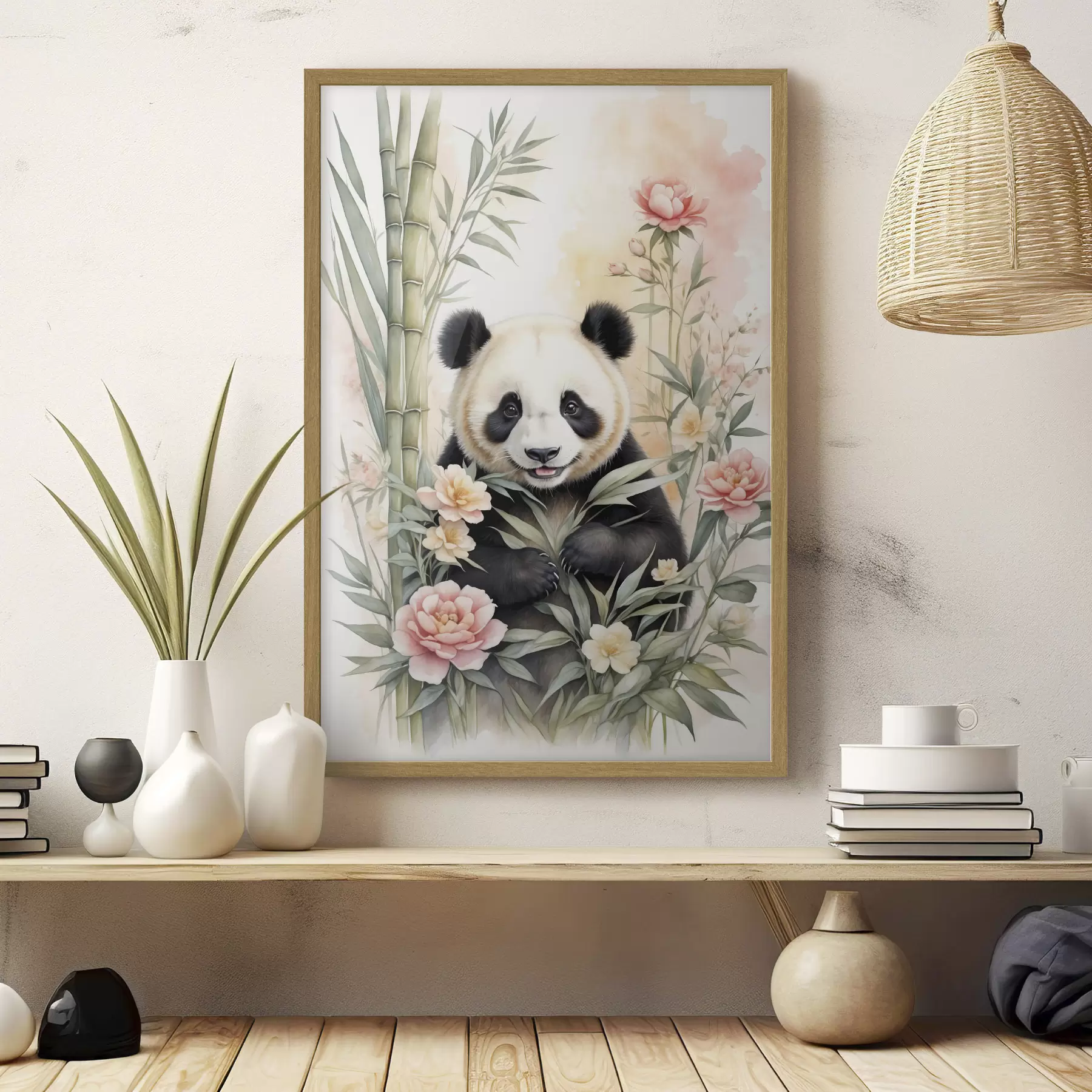 Papier peint Panda avec des fleurs et du bambou f40125