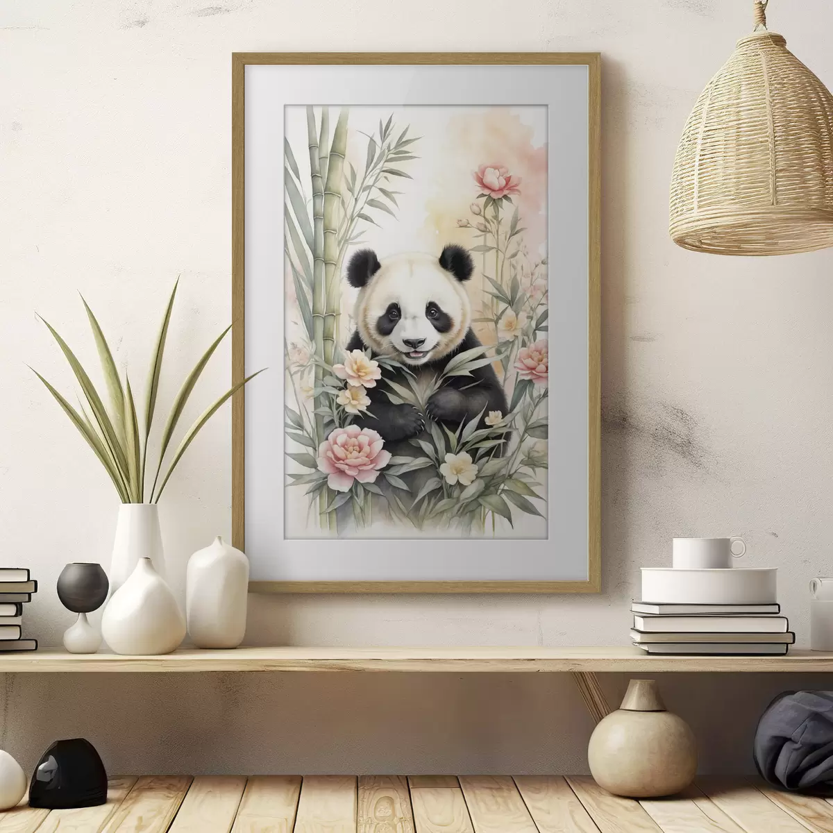 Poster Panda avec des fleurs et du bambou f40125