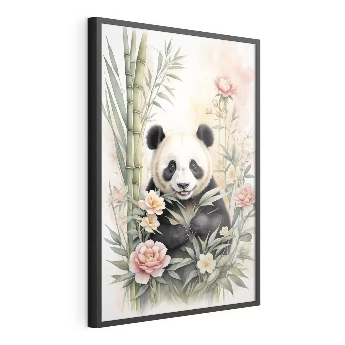 Poster Panda avec des fleurs et du bambou f40125