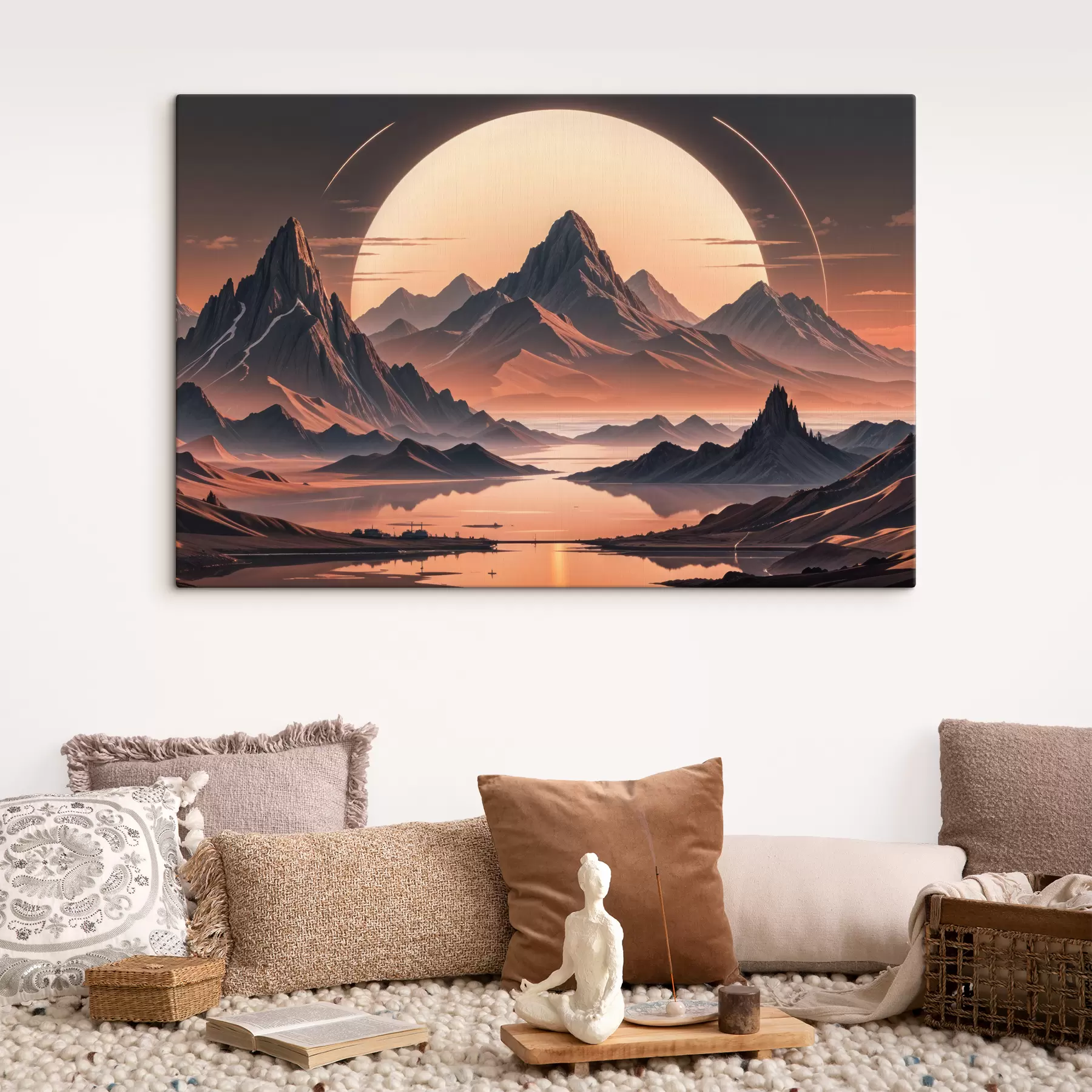 Papier peint Un paysage futuriste et spectaculaire avec une grande lune ou un soleil brillant dans le ciel, entouré de montagnes s40177