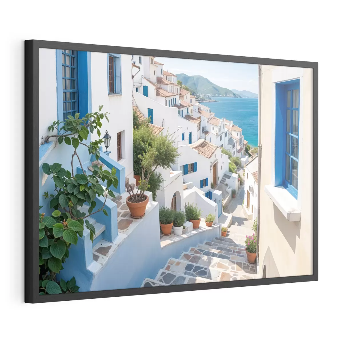 Poster Une ville côtière pittoresque avec des bâtiments blancs, des fenêtres bleues et des plantes en pot bordant les rues étroites f40148