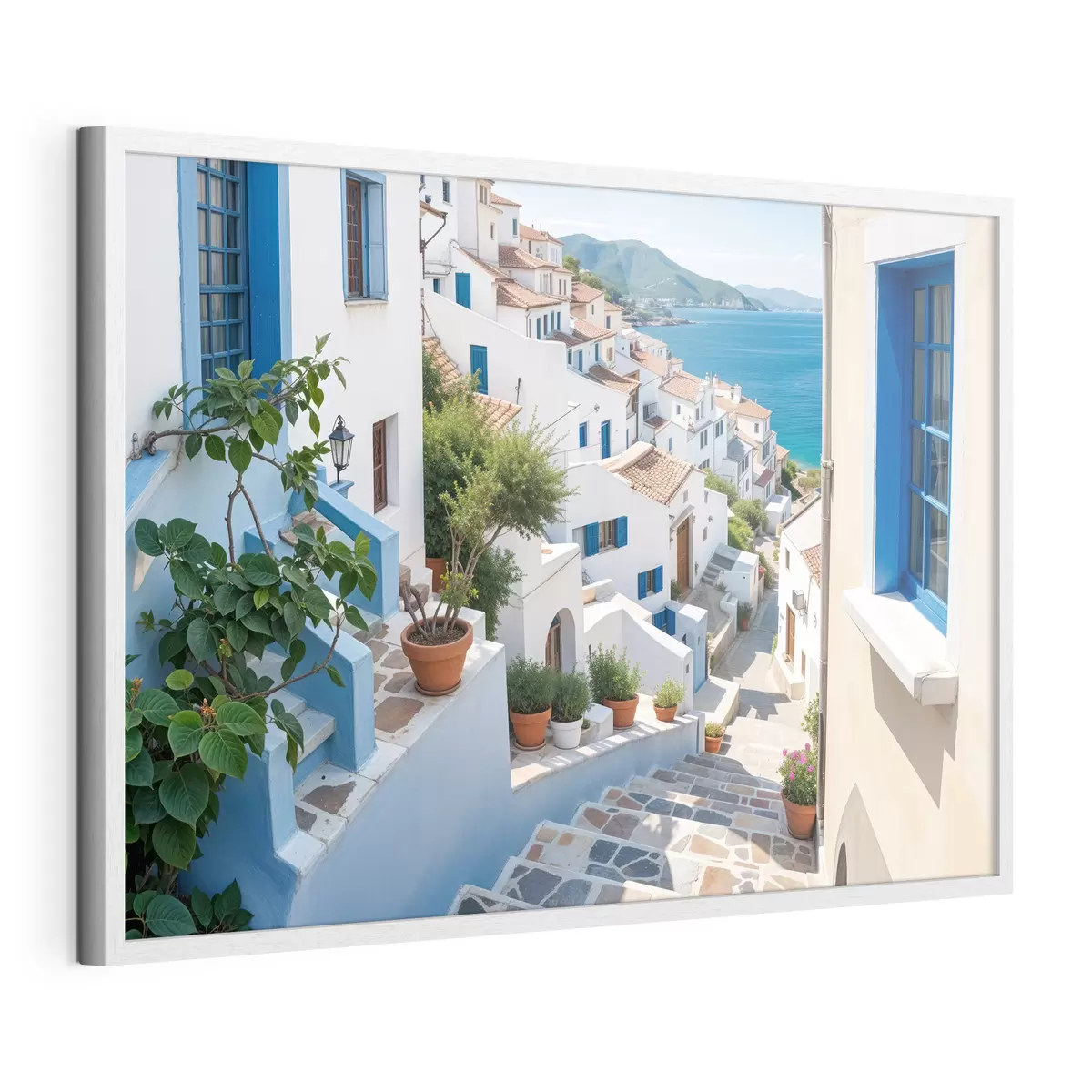 Poster Une ville côtière pittoresque avec des bâtiments blancs, des fenêtres bleues et des plantes en pot bordant les rues étroites f40148