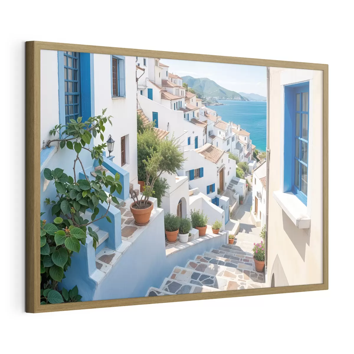 Poster Une ville côtière pittoresque avec des bâtiments blancs, des fenêtres bleues et des plantes en pot bordant les rues étroites f40148
