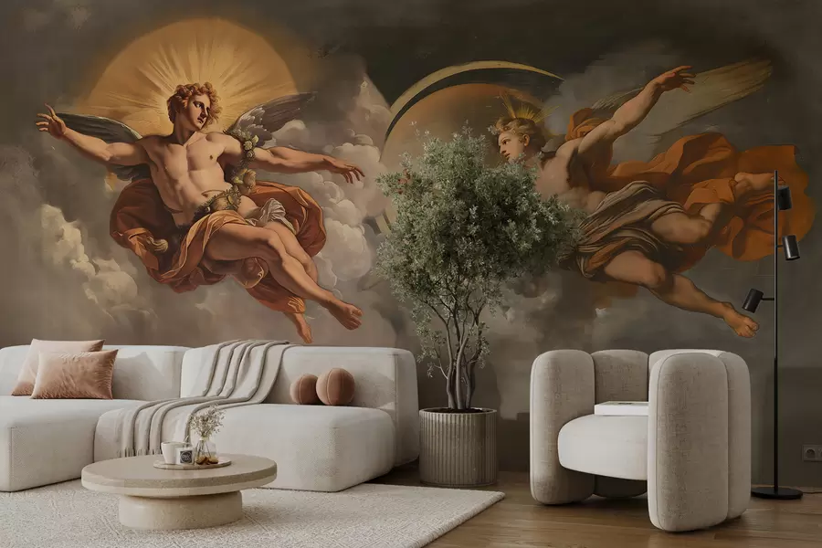 Papier peint fresque murale dans le style des fresques de la Renaissance dans des tons beiges et foncés. Deux figures masculines de dieux se tendant la main w08137