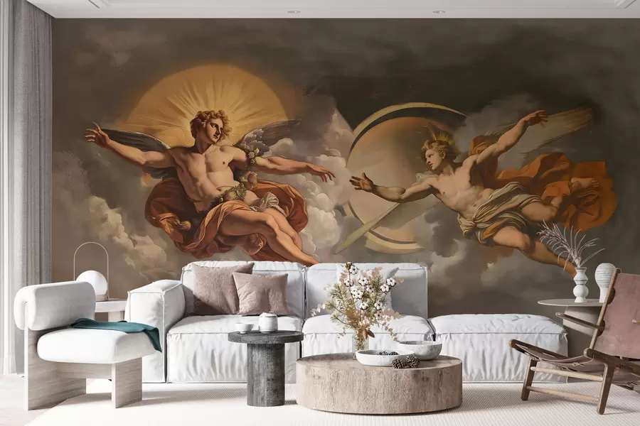 Papier peint fresque murale dans le style des fresques de la Renaissance dans des tons beiges et foncés. Deux figures masculines de dieux se tendant la main. w08137