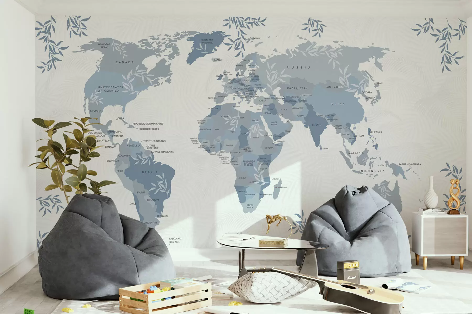 Papier peint Carte du monde élégante avec des feuilles et des plantes de couleur bleue w08211v4