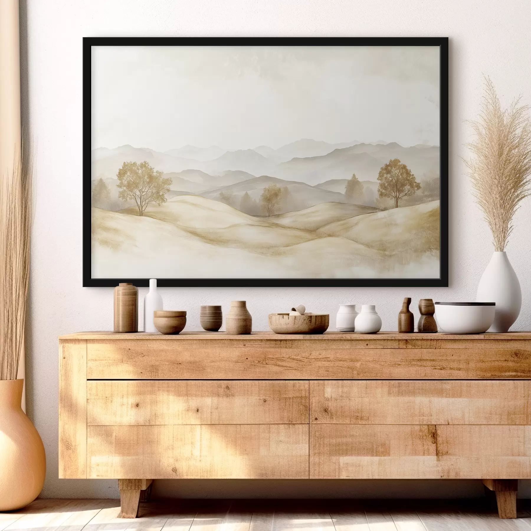 Papier peint Paysage naturel dans une palette de couleurs beige, prairie, arbres, dessin à l'aquarelle f40231