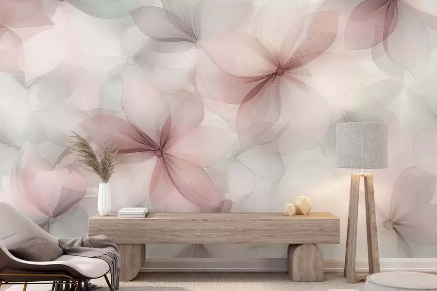 Papier peint Composition florale, coloris rose tendre et gris, motif fleuri w01446v1
