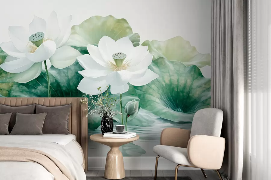 Papier peint Fleurs de lotus dans l'eau, réalisme, grandes feuilles, floral, palette de couleurs naturelles  w01448