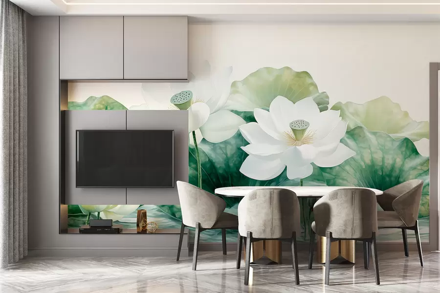 Papier peint Fleurs de lotus dans l'eau, réalisme, grandes feuilles, floral, palette de couleurs naturelles  w01448