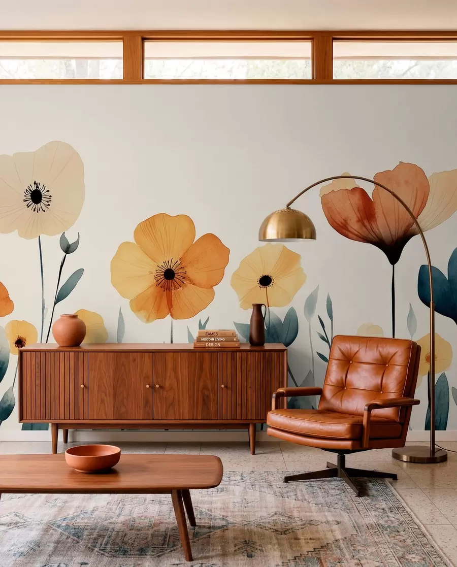 Papier peint Fleurs des prés à l'aquarelle, rustique, composition florale, dessin simple, beige, orange, bleu  w01453