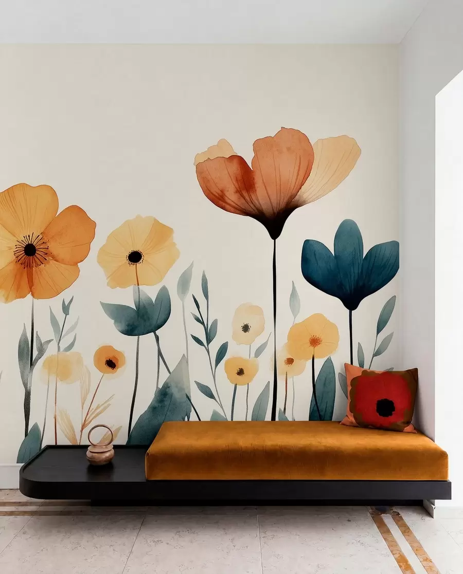 Papier peint Fleurs des prés à l'aquarelle, rustique, composition florale, dessin simple, beige, orange, bleu  w01453