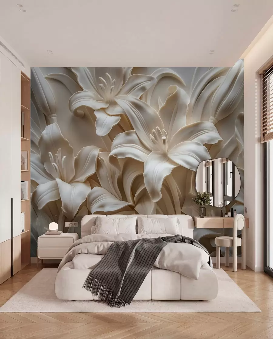 Papier peint Élégant relief 3D beige de lys sculptés w01433