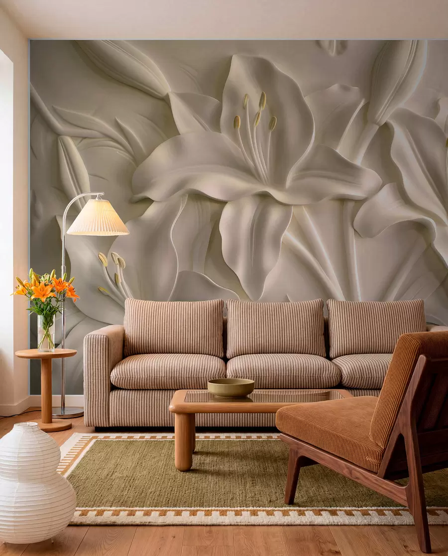 Papier peint Bas-relief de grands lys beiges w01434