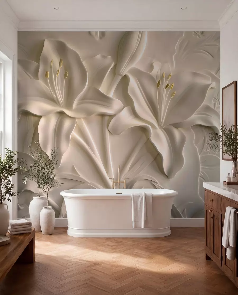 Papier peint Bas-relief de grands lys beiges w01434
