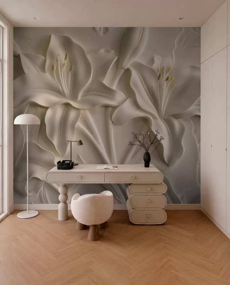 Papier peint Bas-relief de grands lys beiges w01434