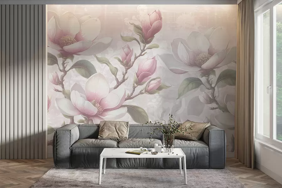 Papier peint De délicates fleurs de magnolia rose en pleine floraison sur un fond doux et flou w08216