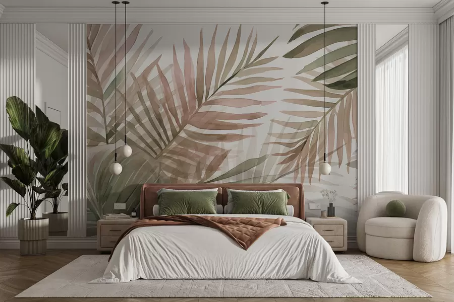 Papier peint Feuilles de palmier à l'aquarelle dans différentes nuances de vert et de rose sur un fond clair w08218