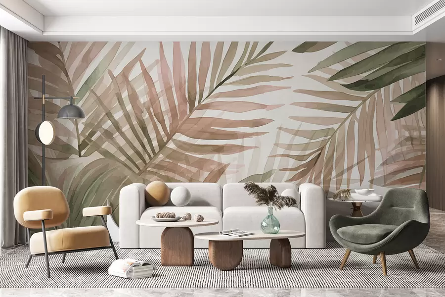 Papier peint Feuilles de palmier à l'aquarelle dans différentes nuances de vert et de rose sur un fond clair w08218