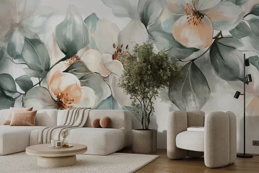 Papier peint Fleurs de magnolia blanches et roses délicates avec des feuilles vertes douces sur un fond clair w08220