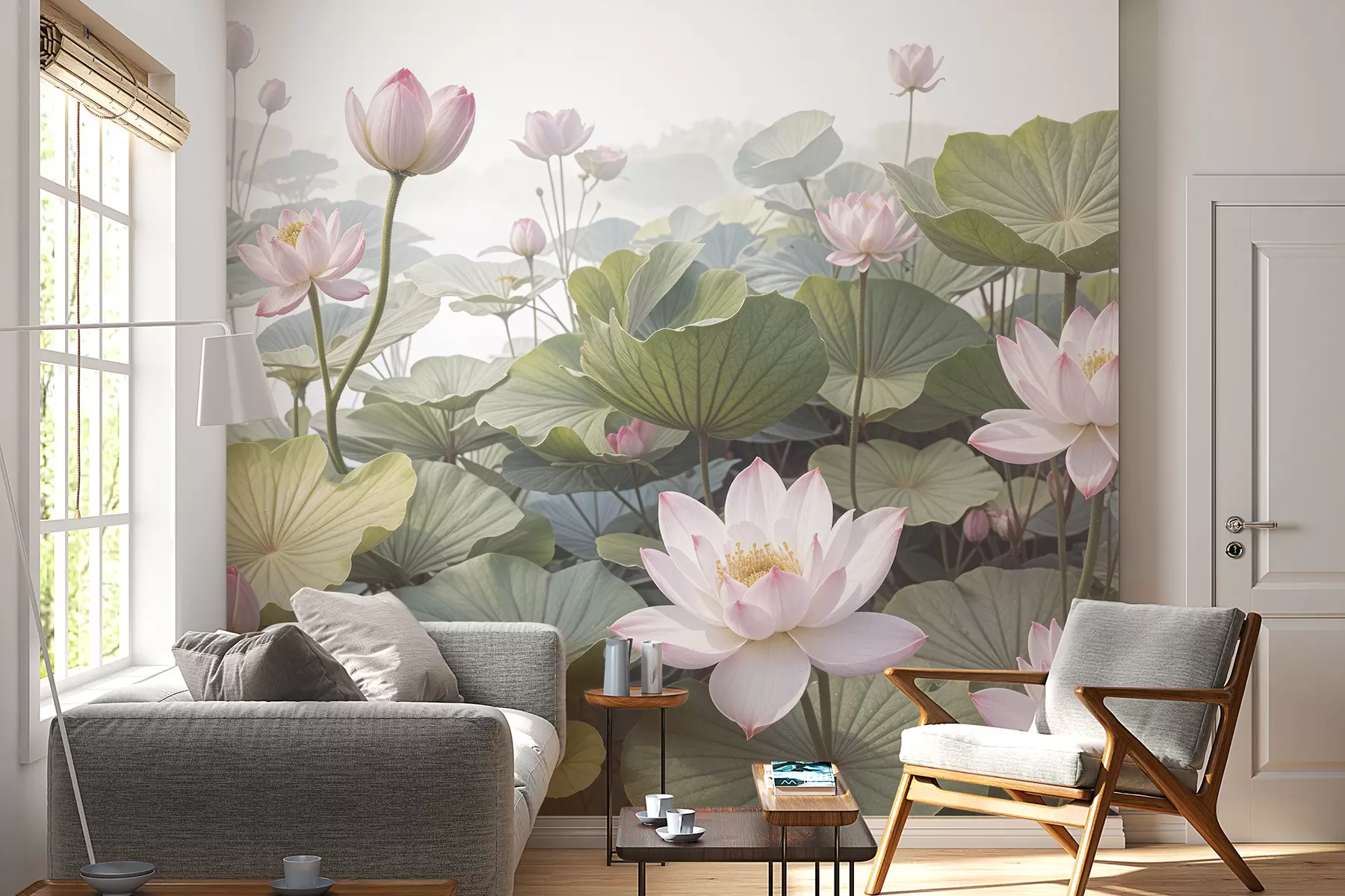 Papier peint Fleurs de lotus roses et blanches avec de grandes feuilles vertes, entourées d'un fond brumeux et atmosphérique w08221
