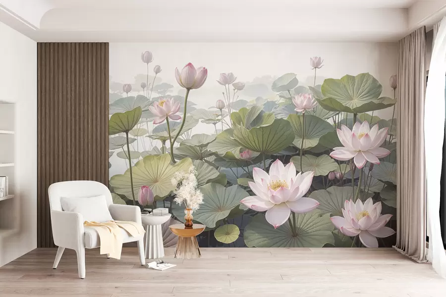 Papier peint Fleurs de lotus roses et blanches avec de grandes feuilles vertes, entourées d'un fond brumeux et atmosphérique w08221