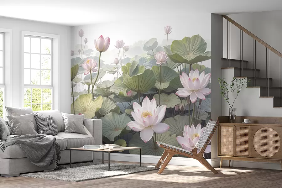 Papier peint Fleurs de lotus roses et blanches avec de grandes feuilles vertes, entourées d'un fond brumeux et atmosphérique w08221