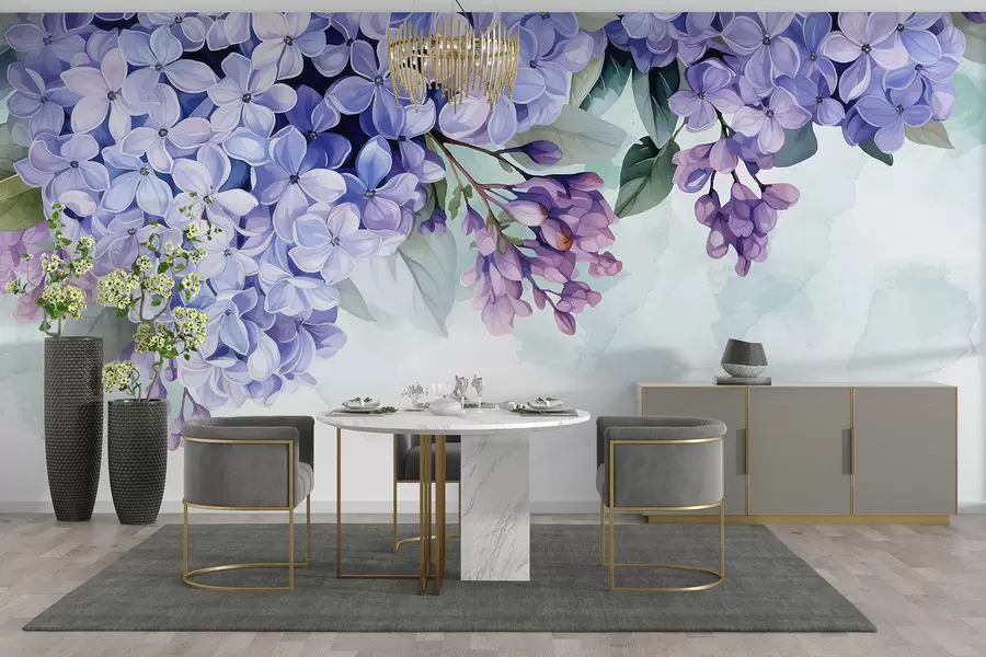 Papier peint Fleurs d'hortensia violettes vibrantes avec des feuilles vertes, remplissant le cadre sur un fond doux et flou w08223