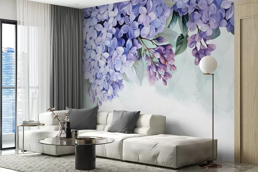 Papier peint Fleurs d'hortensia violettes vibrantes avec des feuilles vertes, remplissant le cadre sur un fond doux et flou w08223