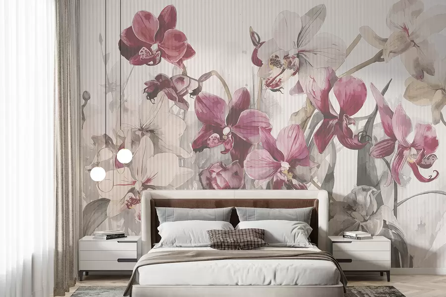 Papier peint Fleurs d'orchidées roses et blanches vibrantes sur un fond texturé aquarelle clair w08225