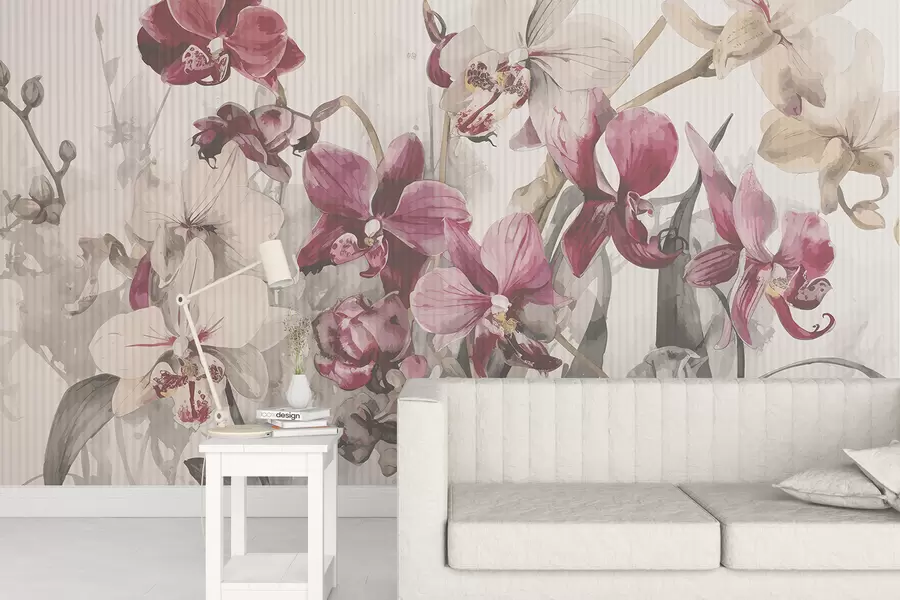Papier peint Fleurs d'orchidées roses et blanches vibrantes sur un fond texturé aquarelle clair w08225