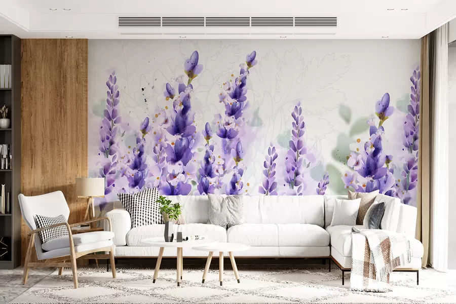 Papier peint Fleurs de lavande violettes dans un champ, avec un flou artistique et un arrière-plan flou w08231