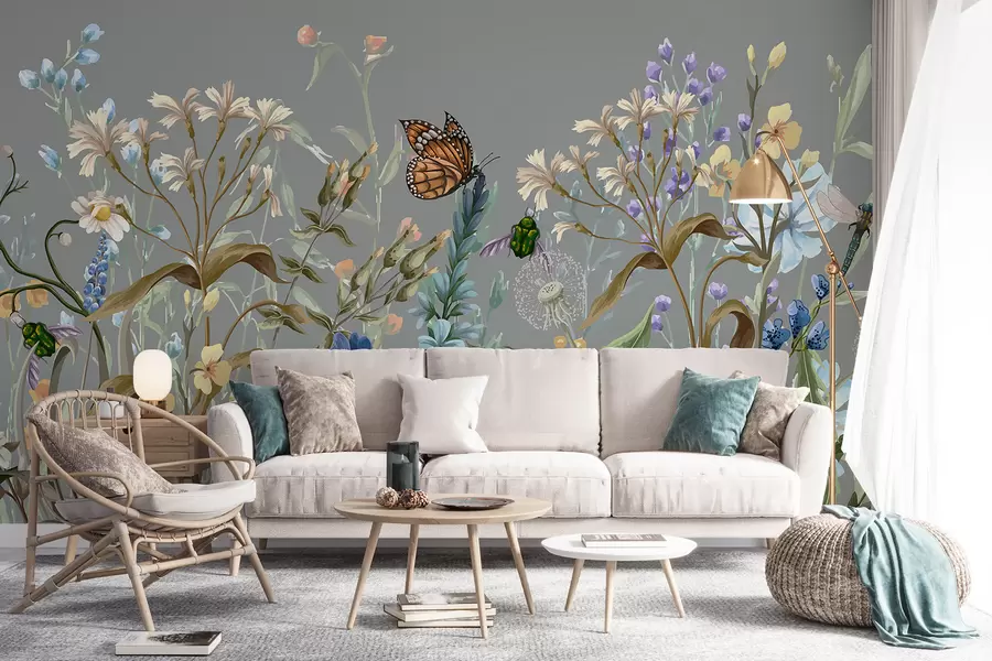 Papier peint Une illustration bleue colorée d'une scène de jardin fleuri luxuriant avec des insectes dans un style onirique et fantastique w08234