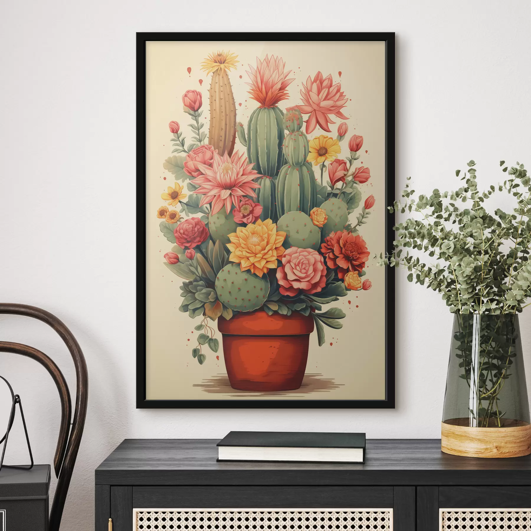 Tableau Cactus en fleurs en pot, couleur verte, rouge, jaune, orange f40316