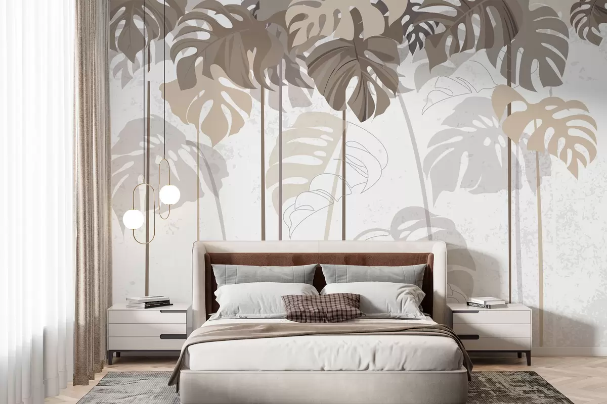 Papier peint Feuilles de Monstera tropicales aux tons beige clair w01454