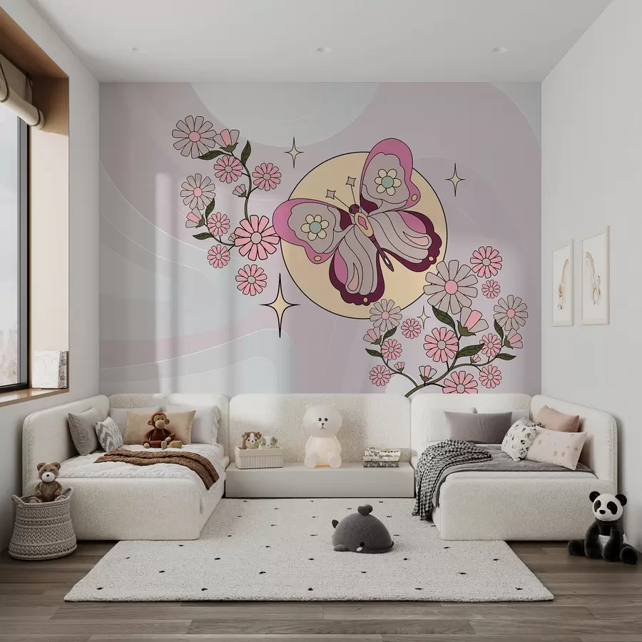 Papier peint papier peint avec un papillon rose sur un fond gris-rose clair parmi des fleurs dans un style simple pour une chambre de fille w00985