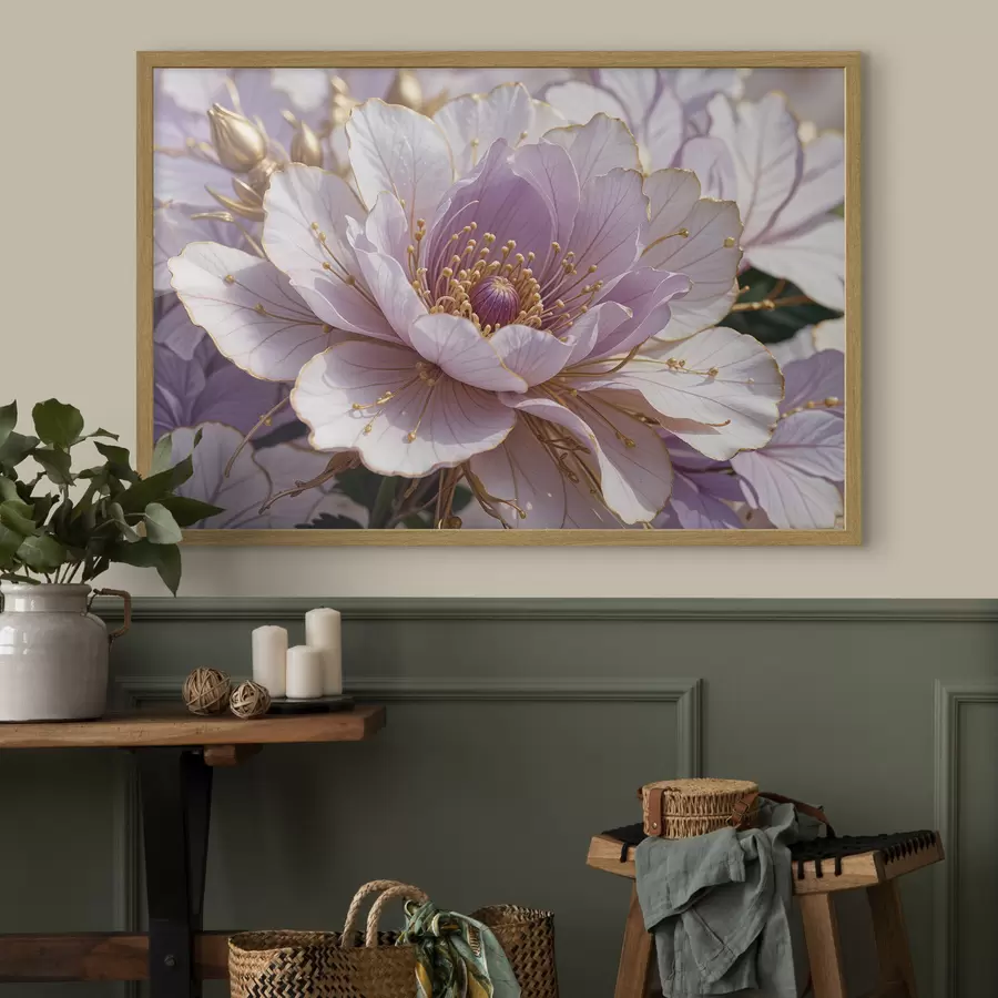 Papier peint Gros plan d'une grande fleur de pivoine rose pâle avec des pétales délicats et un centre jaune vif f40384
