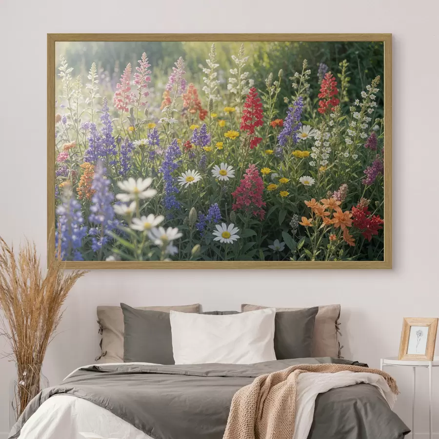 Papier peint Une prairie de fleurs sauvages colorées avec diverses fleurs en fleurs, notamment des marguerites, de la lavande et des fleurs rouges f40390