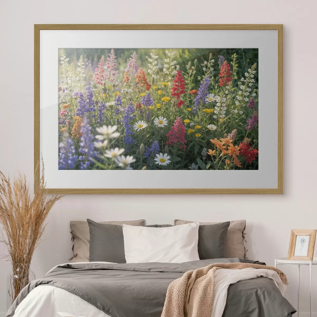 Poster Une prairie de fleurs sauvages colorées avec diverses fleurs en fleurs, notamment des marguerites, de la lavande et des fleurs rouges f40390