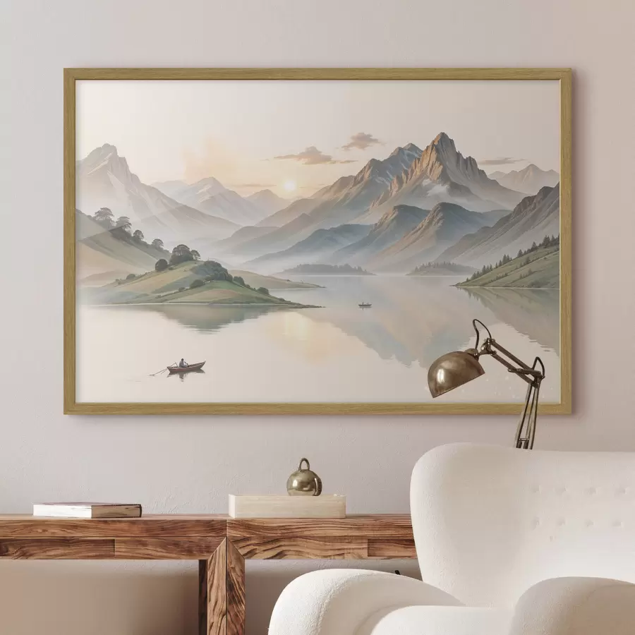 Papier peint Un paysage serein avec un lac reflétant des montagnes en arrière-plan avec un petit bateau sur l'eau calme f40391