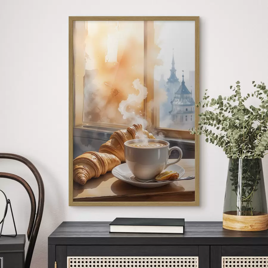 Papier peint Une tasse de café chaud avec de la vapeur qui monte, posée sur une table à côté d'un croissant, avec vue sur un bâtiment historique f40405