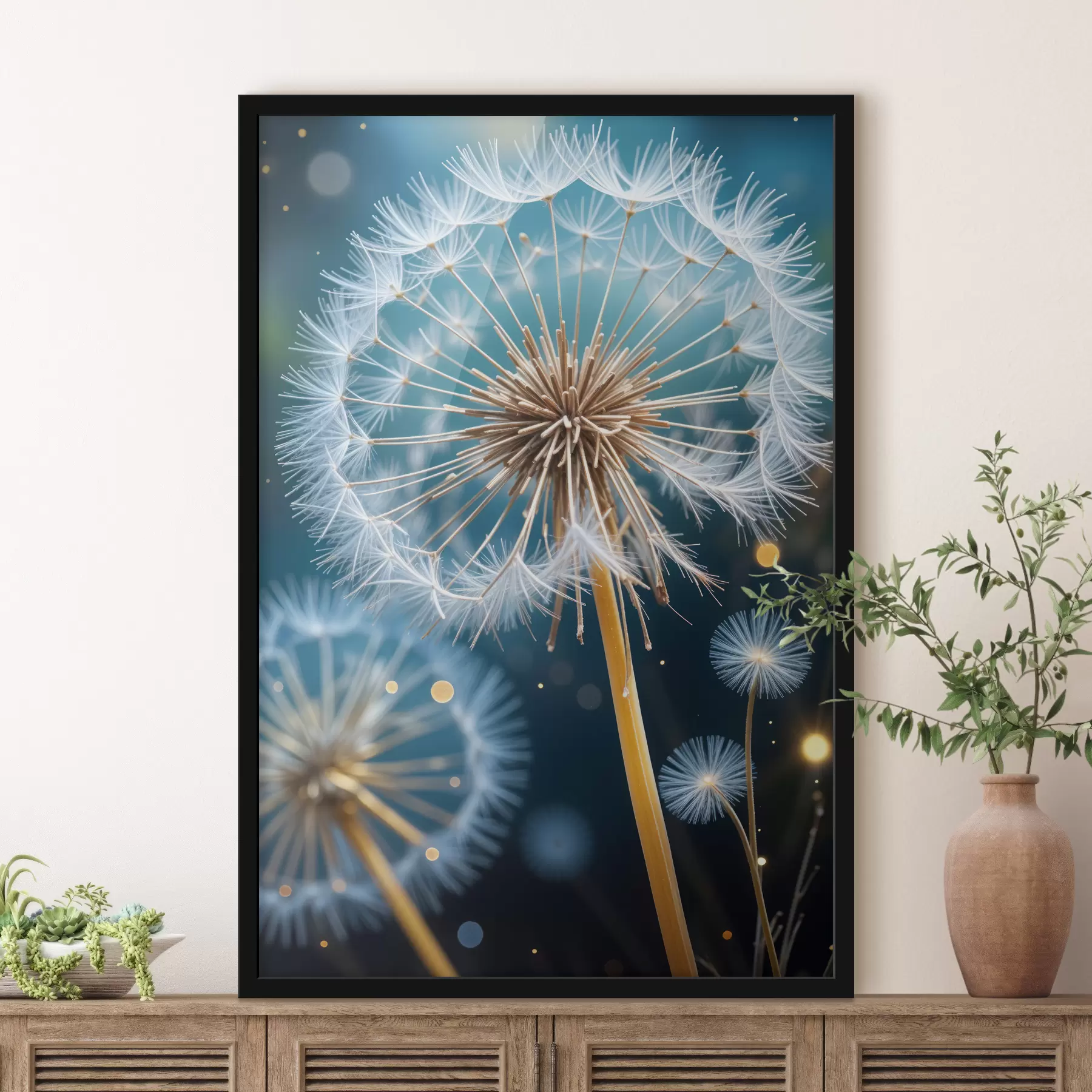 Tableau Gros plan d'une fleur de pissenlit avec ses graines blanches duveteuses, sur un fond bleu et vert flou f40408