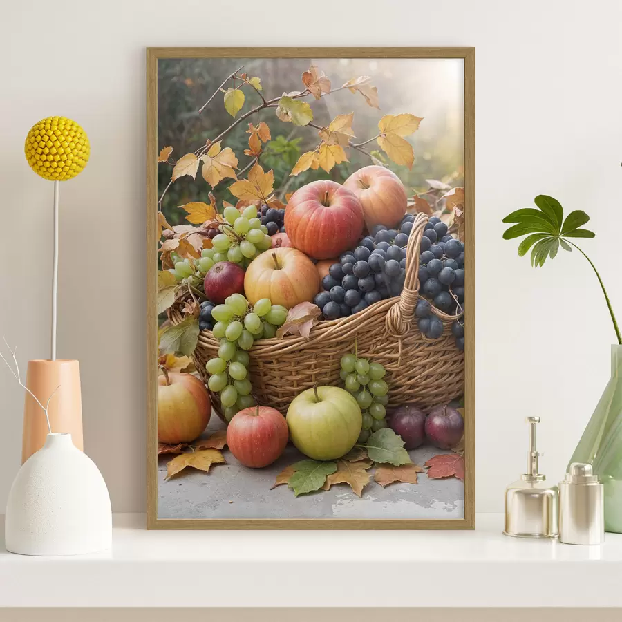 Papier peint Un panier rempli de divers fruits d'automne, notamment des pommes, des raisins et des poires, entouré de feuilles mortes f40409